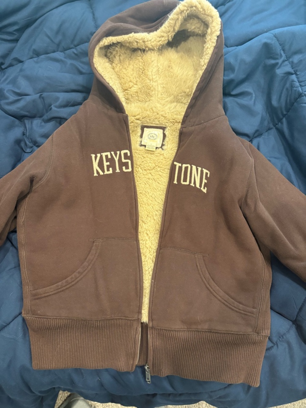 Brown faux fur Lined Zip Hoodie with 'Keystone' Lettering